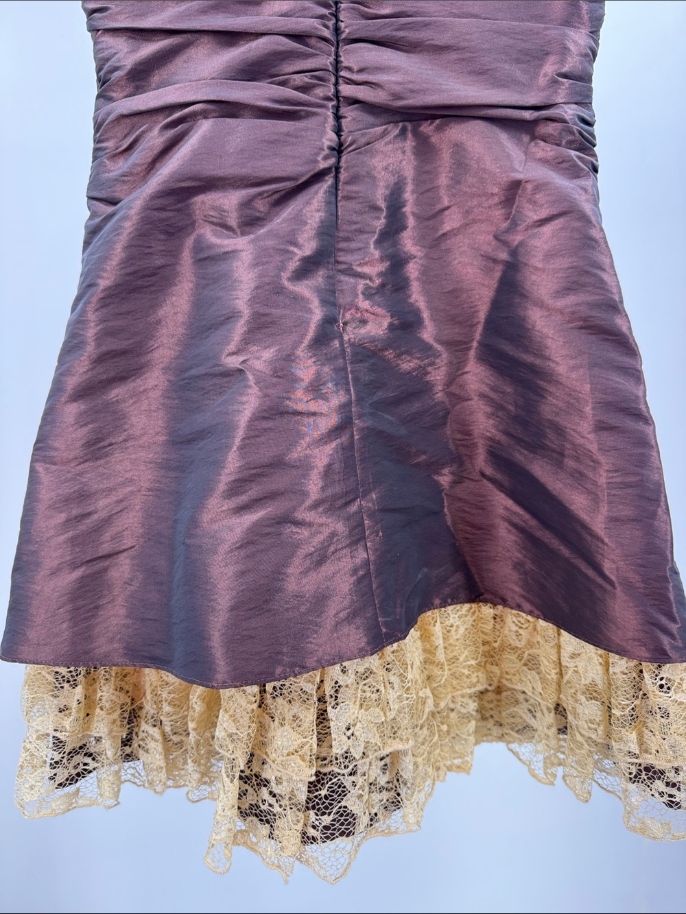 Maggie Sottero Flirt Satin Dress Deep Chocolate Brown lace trim ruffles 4 Y2K - Picture 4 of 10